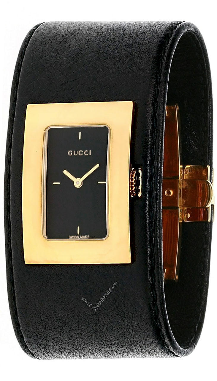 GUCCI Black Dial Gold Bezel BLK Leather (S) Strap Women display picture 2