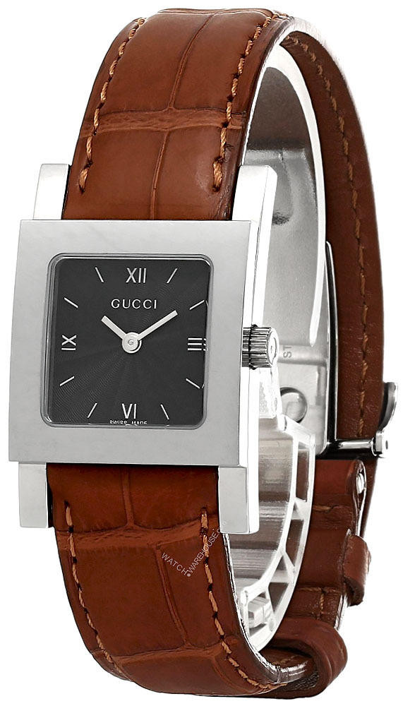 GUCCI Stainless Steel Black Dial Brown Leather Women display picture 1