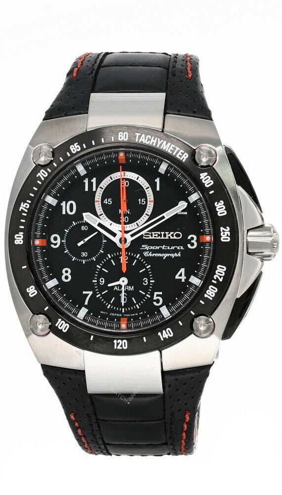 New Seiko Sportura Alarm Chronograph Black Dial Leather Strap