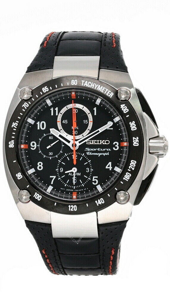 Seiko Sportura Alarm Chronograph Black Dial Leather Strap | Fast & Free US Shipping | Watch