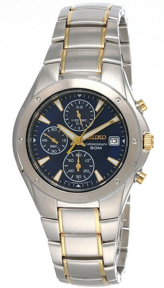 Seiko Chronograph Two-Tone Blue Dial Stainless Steel Men's Watch SND585