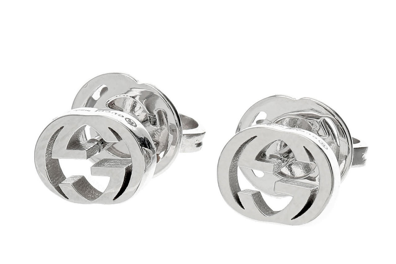 GUCCI 18K White Gold Interlocking GG 5MM Stud Earrings 