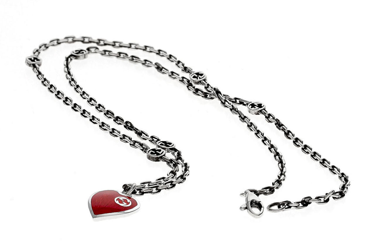 GUCCI Heart Red Enamel Silver Pendant Necklace