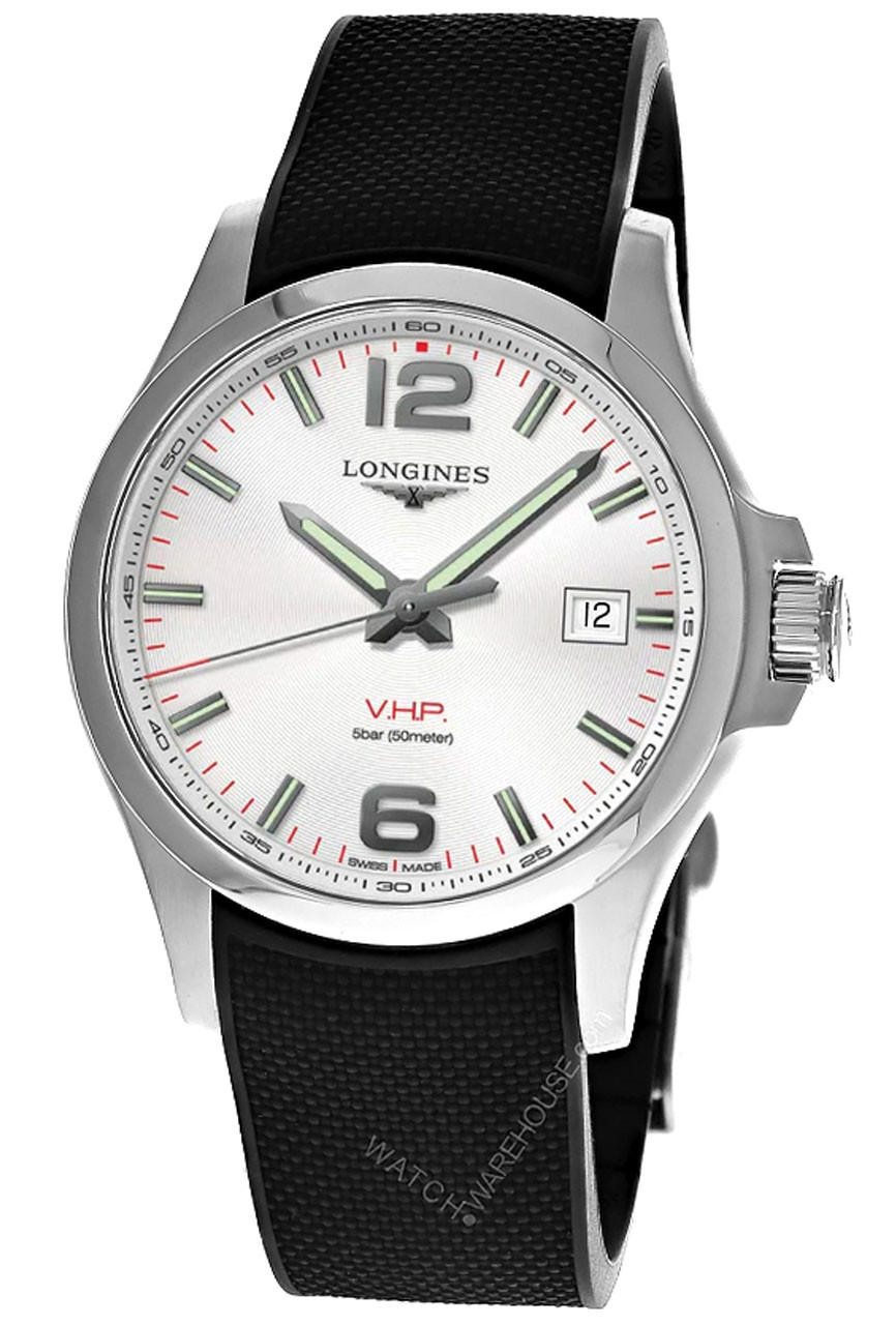 LONGINES Conquest V.H.P 43MM Quartz Silver Dial Rubber Men's Watch
