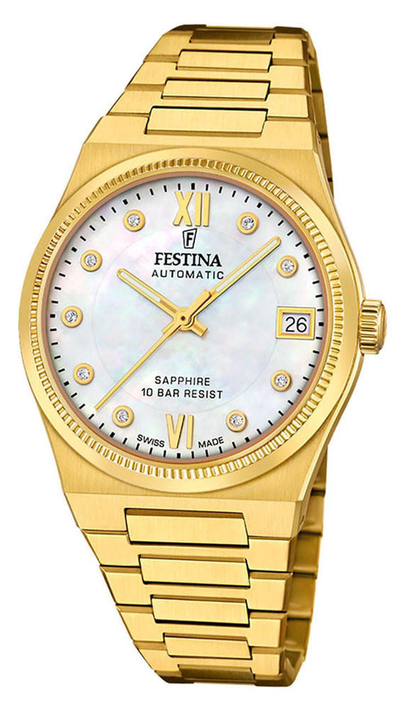 Festina 直接受け渡し FESTINA Swiss Made AUTO 35MM Yellow Gold MOP Dial Women's Watch
