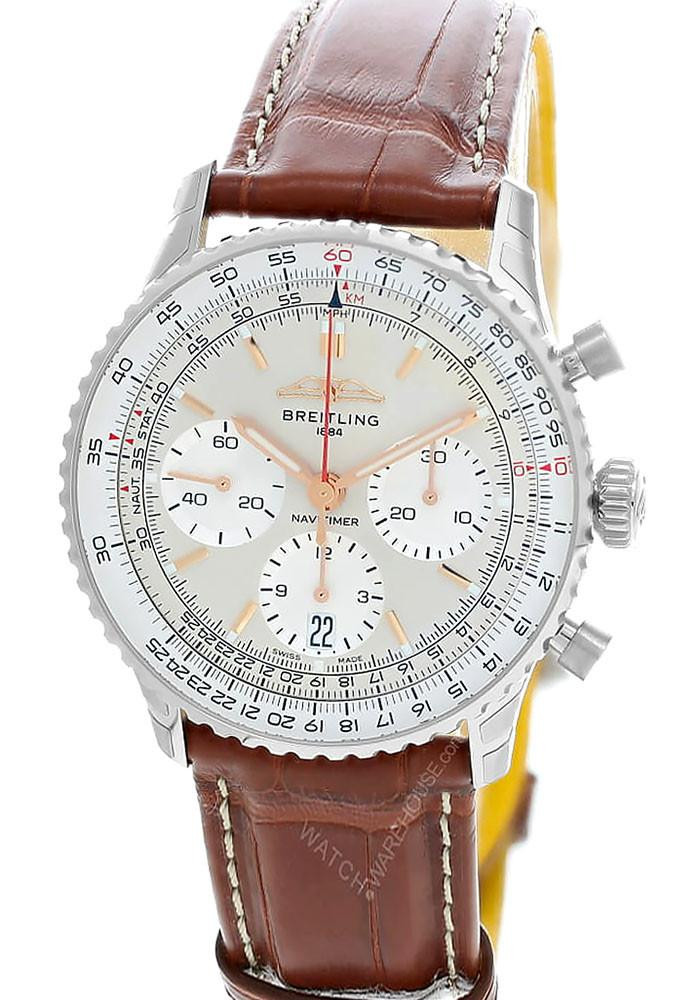 BREITLING Navitimer B01 Chronograph 41MM Silver Dial Leather Men's Watch AB0139211G1P1