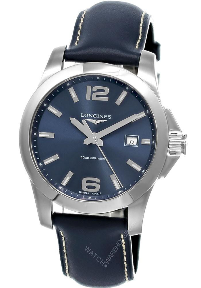 LONGINES Conquest Quartz 41MM Blue Dial Leather Men display picture 1