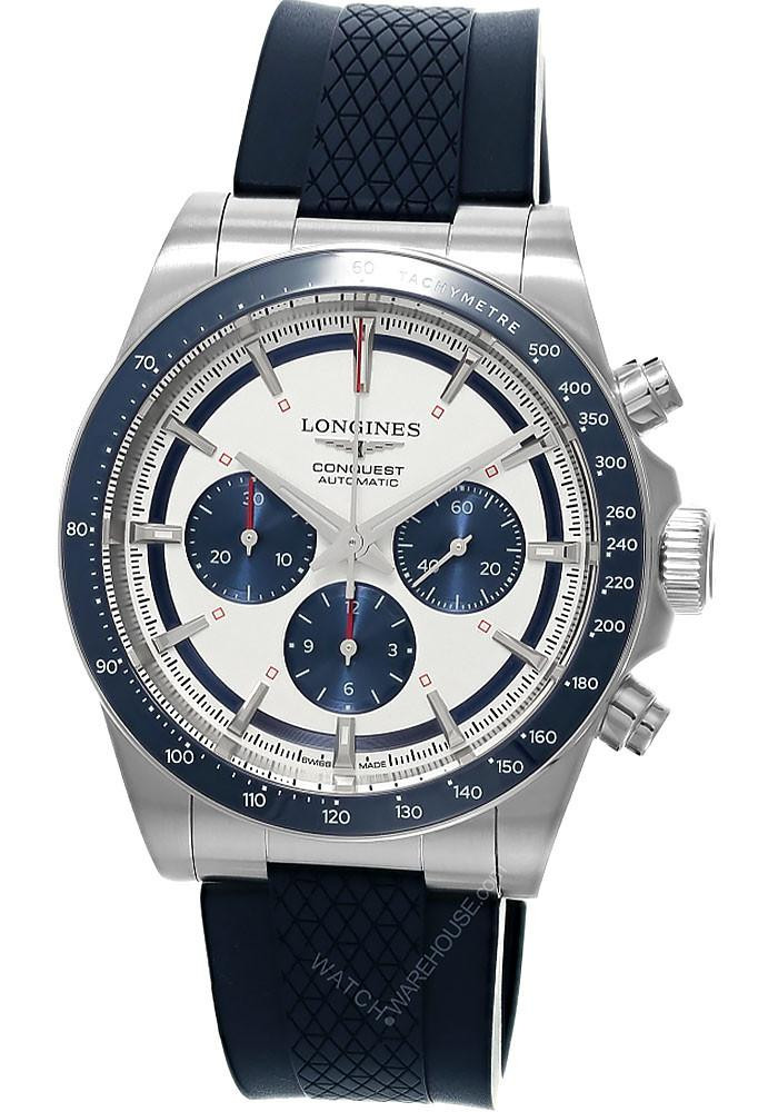 LONGINES Conquest Chronograph 42MM Silver Dial Rubber Men's Watch L3.835.4.98.9