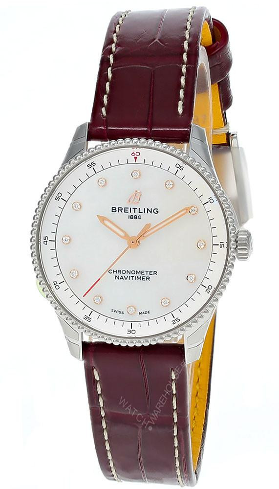 BREITLING Navitimer Quartz 32MM MOP Diamond Dial Leather Women's Watch A77320E61A2P2