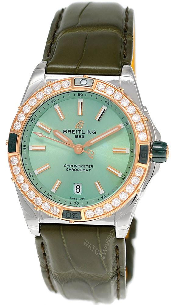 BREITLING Super Chronomat 38MM 18K Rose Gold Diamond Bezel Green Leather Unisex Watch U17356531L1P1