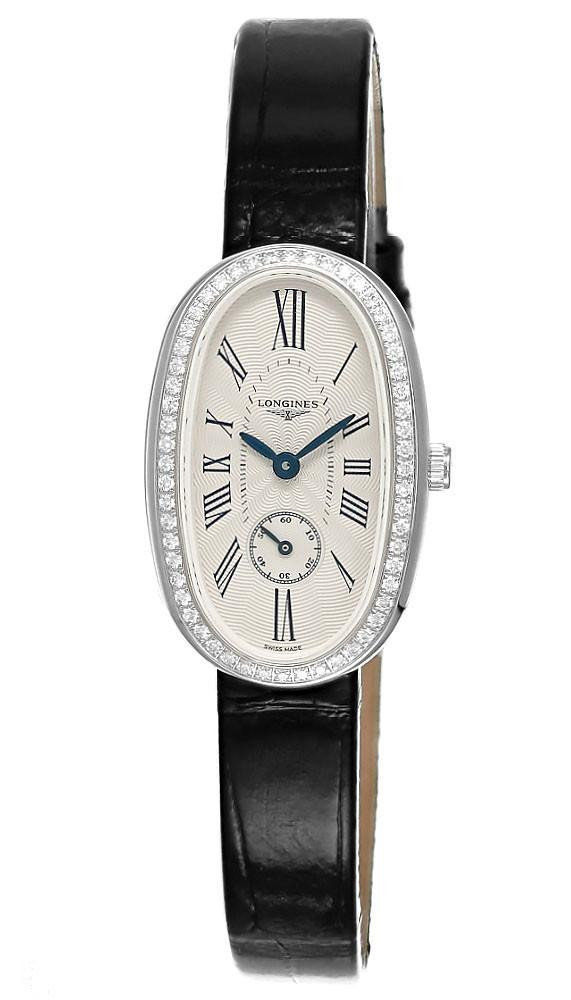 LONGINES Symphonette Quartz 34MM Silver Dial 56 Diamond Bezel Leather Women's Watch L2.306.0.71.0