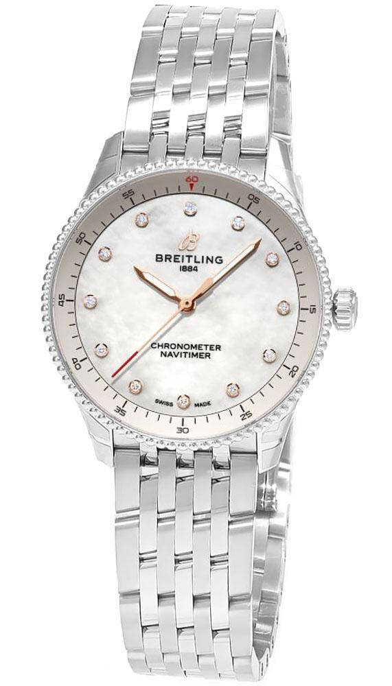 BREITLING Navitimer Quartz SS 32MM MOP Diamond Dial Women's Watch A77320E61A2A1