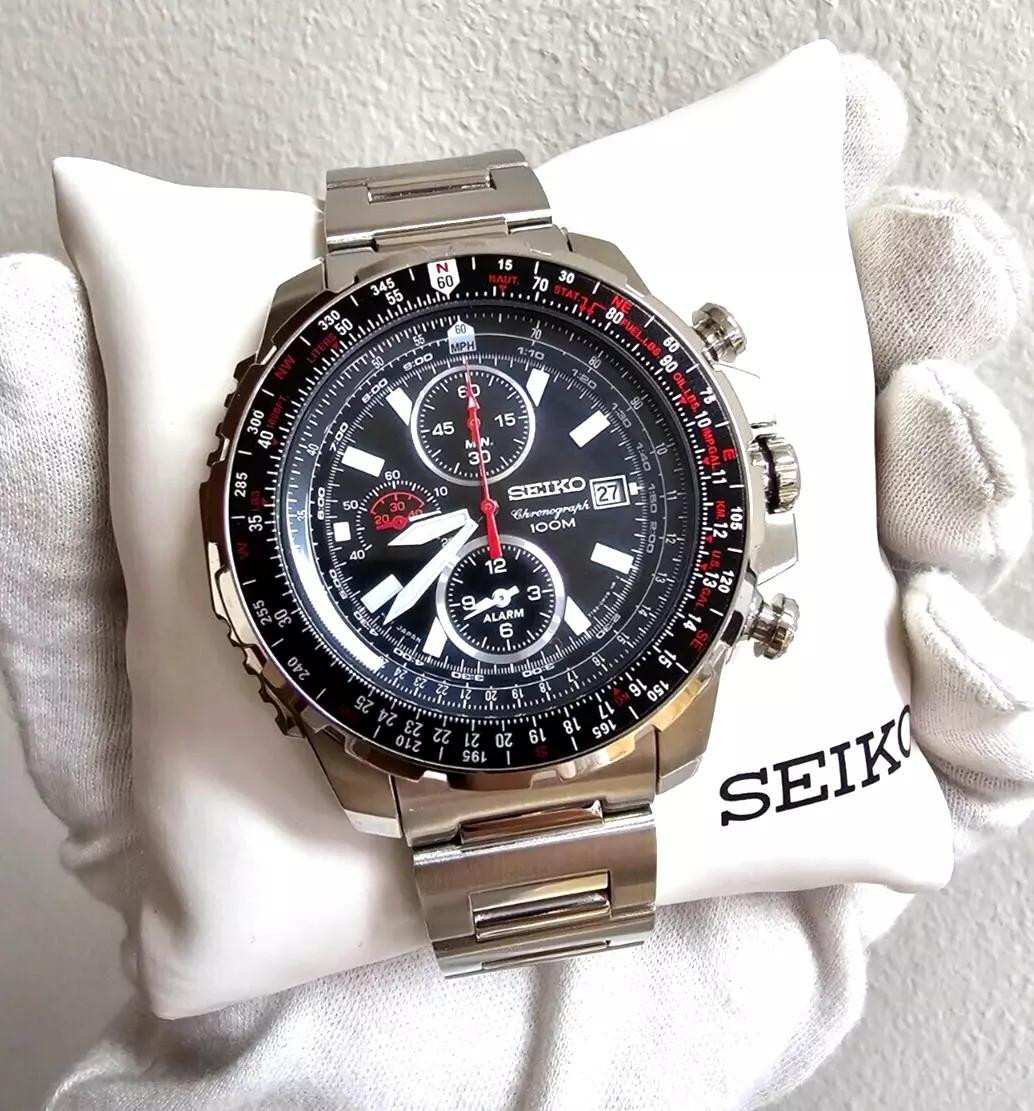 SEIKO Flightmaster Chronograph 45MM Black Dial Men's Watch SNAD05