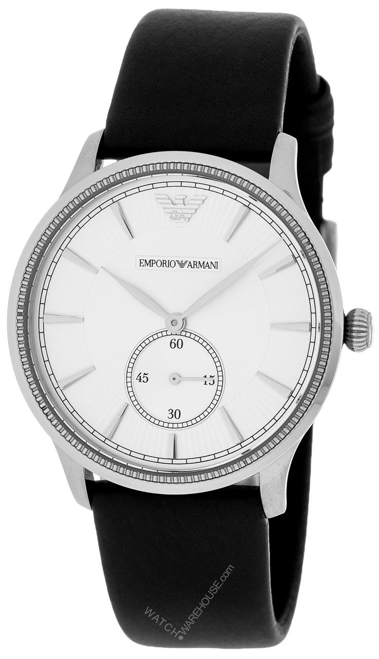 EMPORIO ARMANI Classic Silver Dial Black Leather Men's Watch