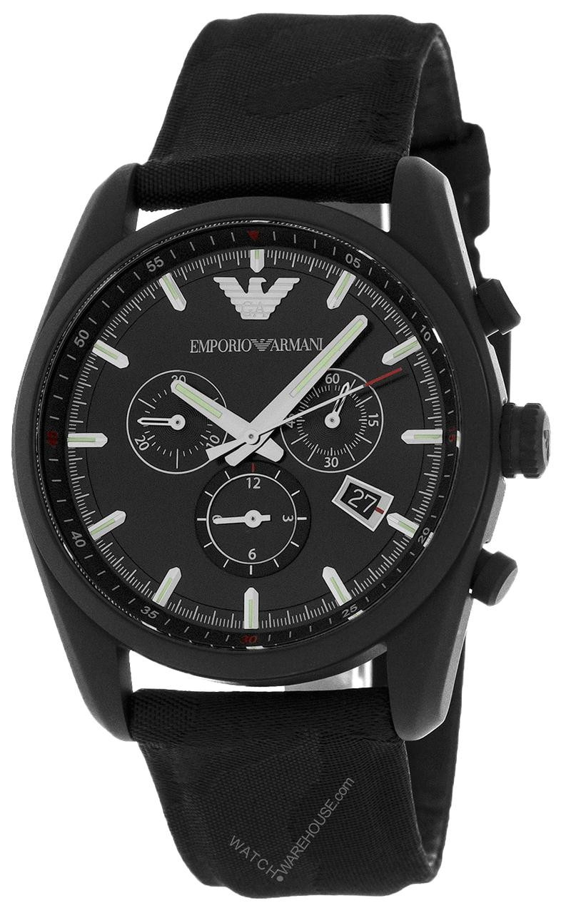 Emporio Armani Luigi Chronograph Black Dial Black Leather Strap Watch For  Men