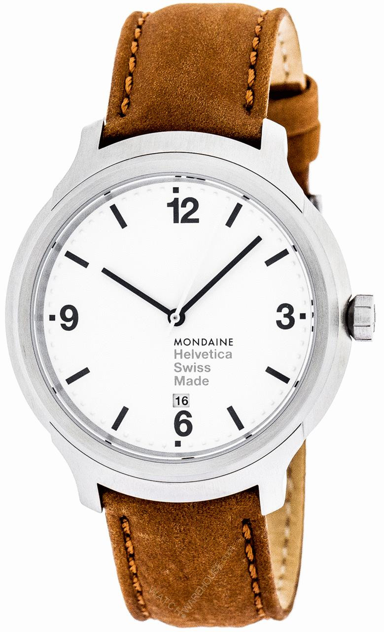 MONDAINE Helvetica No.1 White Dial Brown LTHR Men's Watch MH1.B1210.LG