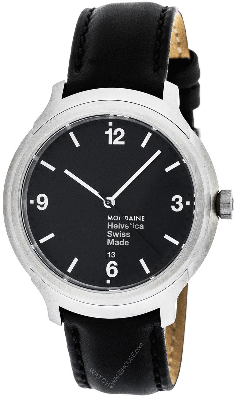 MONDAINE Helvetica Black Dial Leather Men's Watch