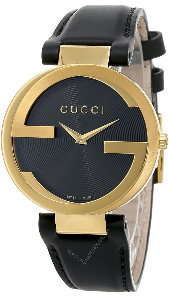 GUCCI Interlocking G Yellow Gold BLK Dial LTHR Unisex Watch