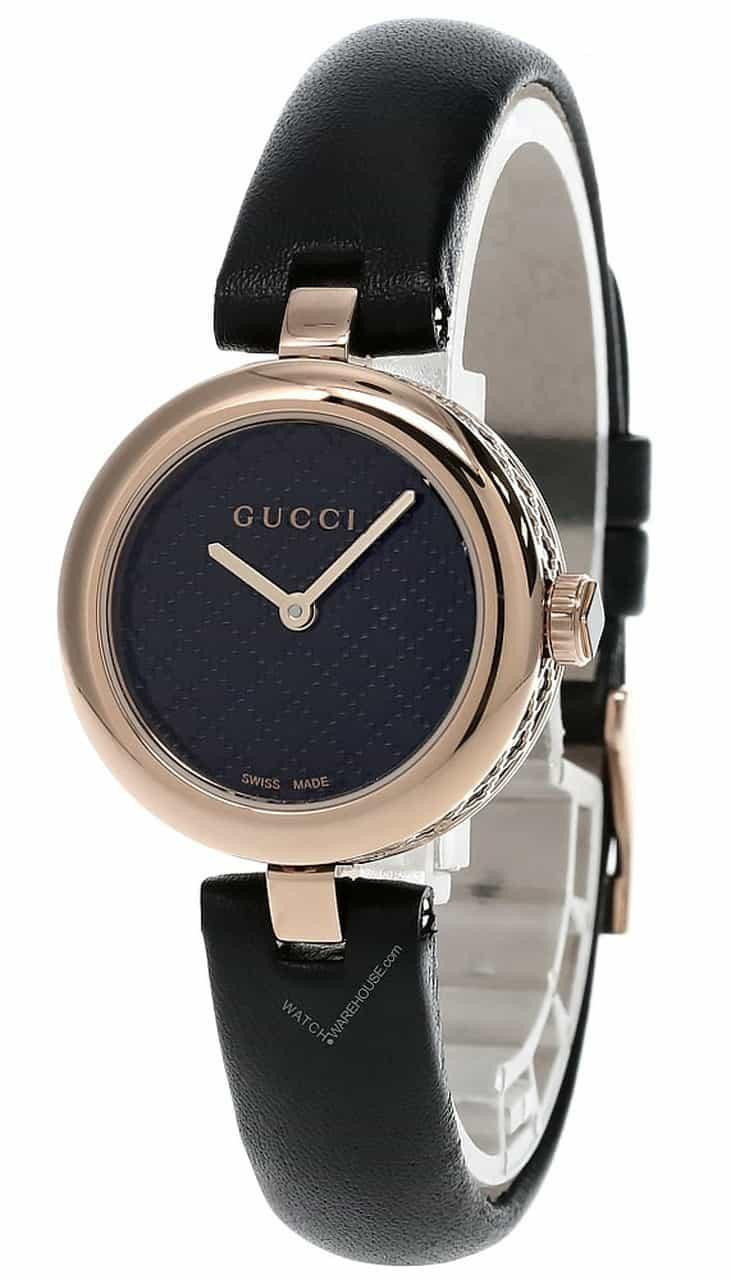 GUCCI Diamantissima SM Pink PVD Gold Black LTHR Women's Watch