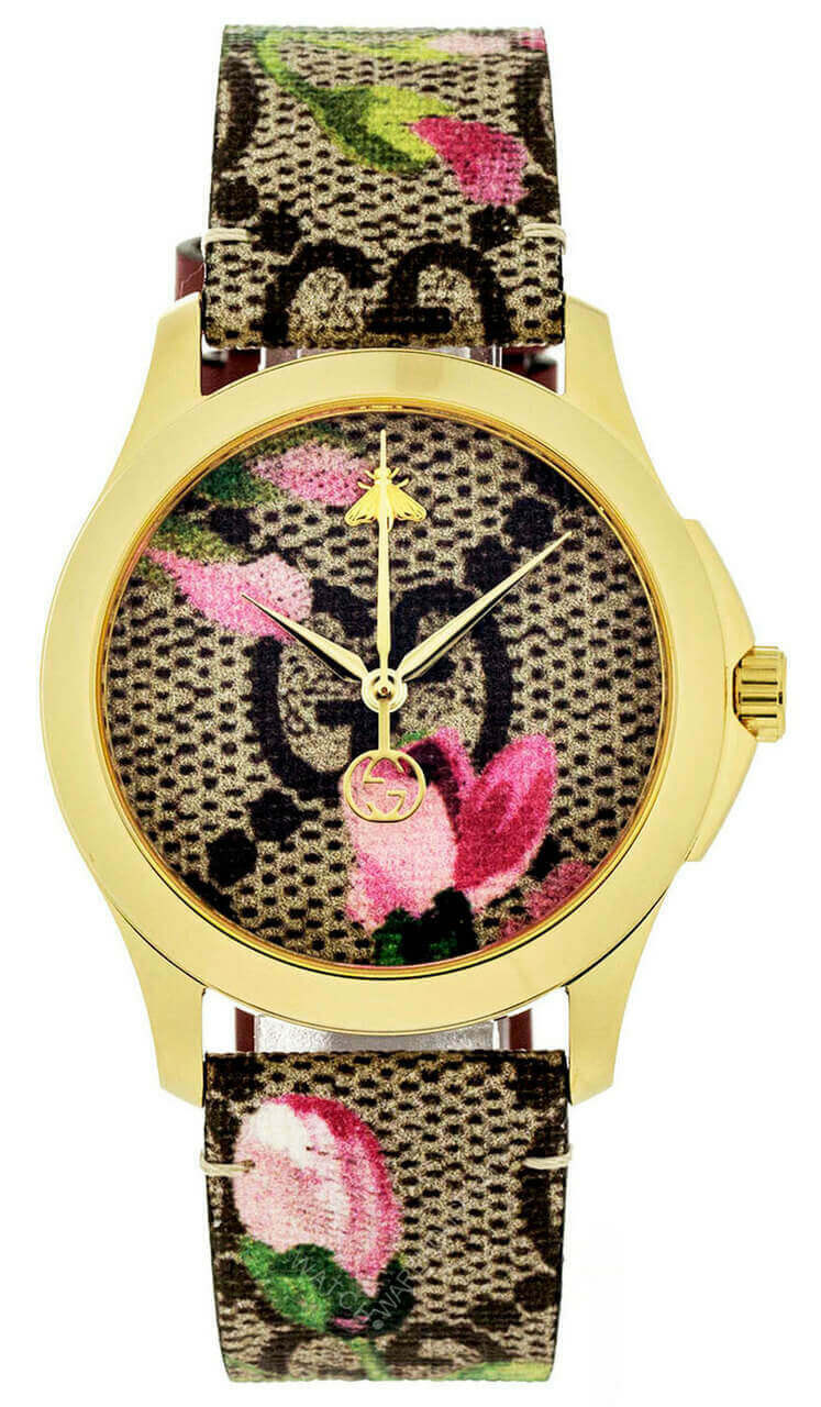 GUCCI G-Timeless Blooms Print GG Supreme SS Gold PVD Watch YA1264038A