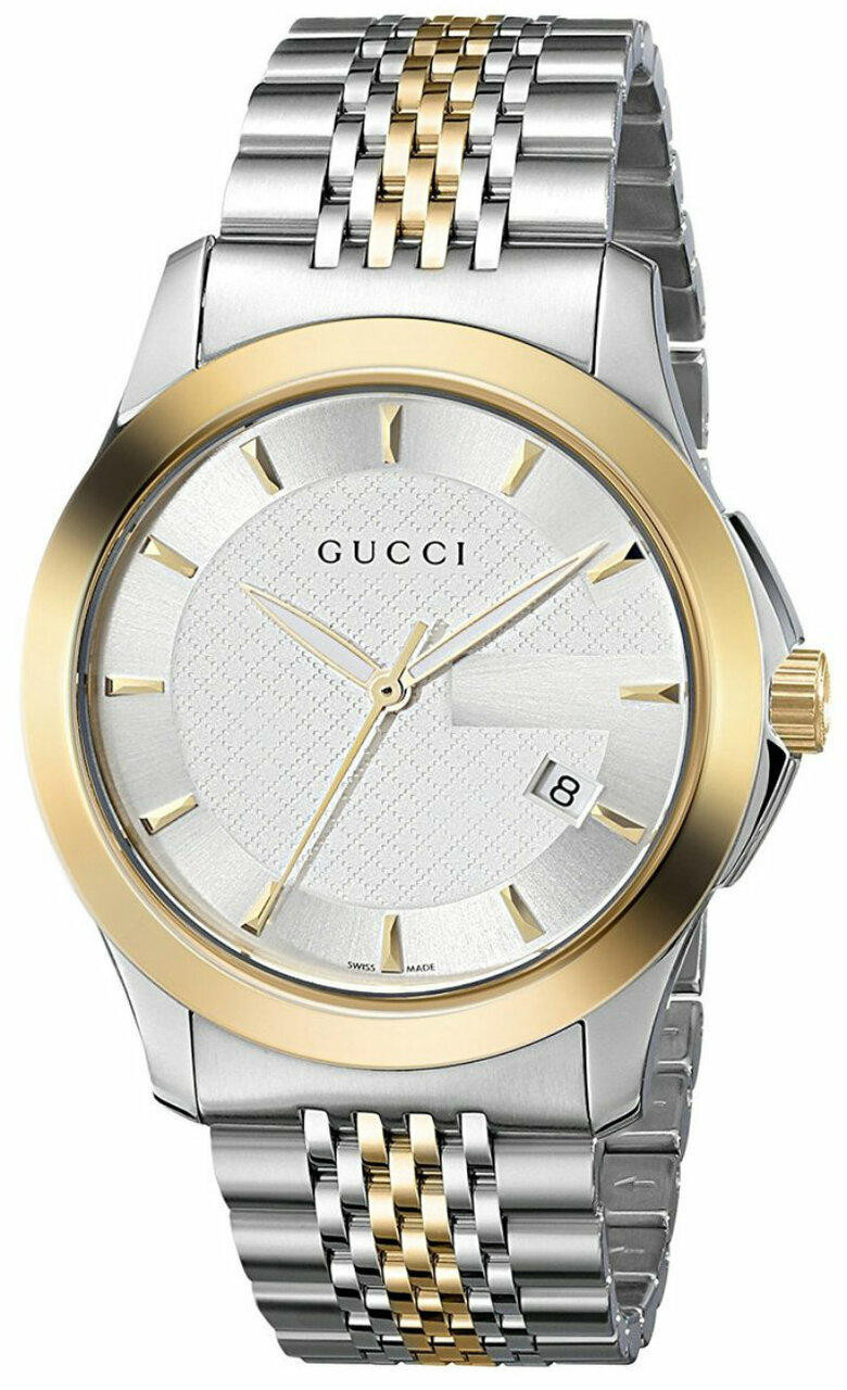 GUCCI G-Timeless SS Diamond Pattern Silver Dial 2-Tone Watch