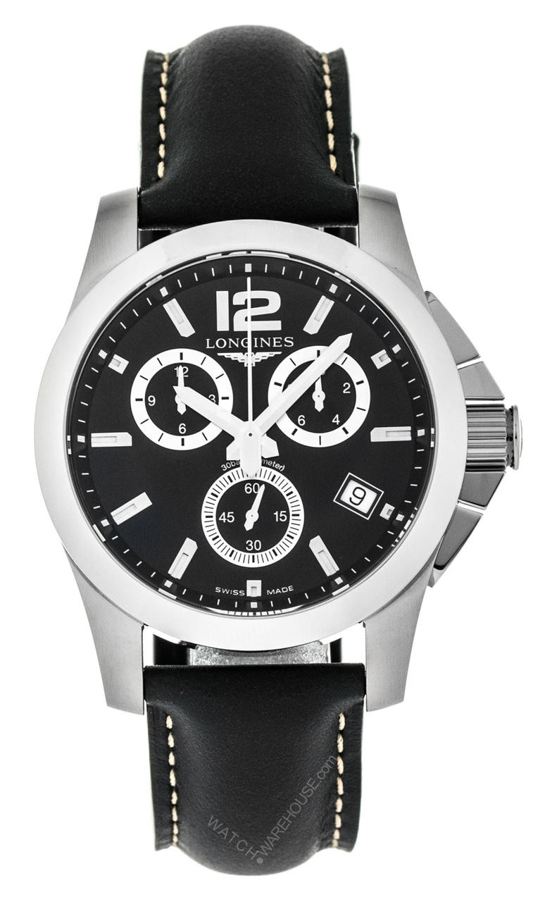 LONGINES Conquest 41MM CHRONO SS Black Leather Watch L3.660.4.56.3 / L36604563