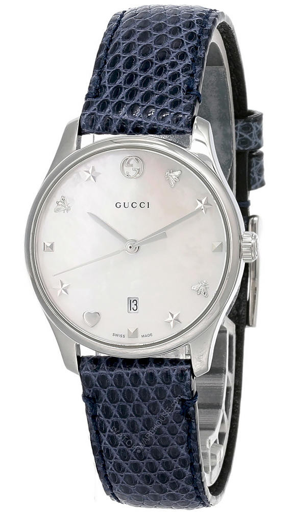GUCCI G-Timeless WHT Mother of Pearl Dial Blue Leather Watch
