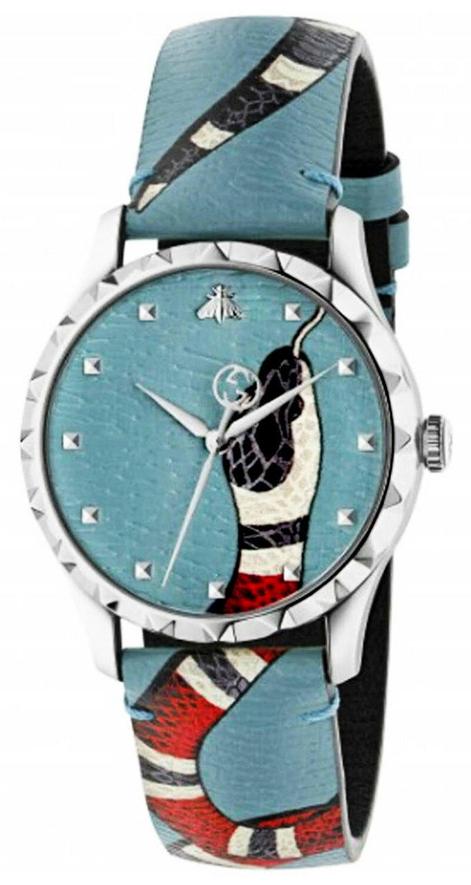 GUCCI G-Timeless Blue Kingsnake Head Dial LTHR Unisex Watch 