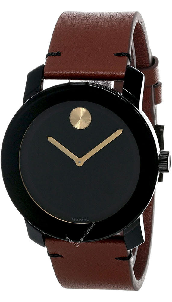 Photos - Wrist Watch Movado Bold 42MM Black Museum Dial Brown Leather Men's Watch 3600305 