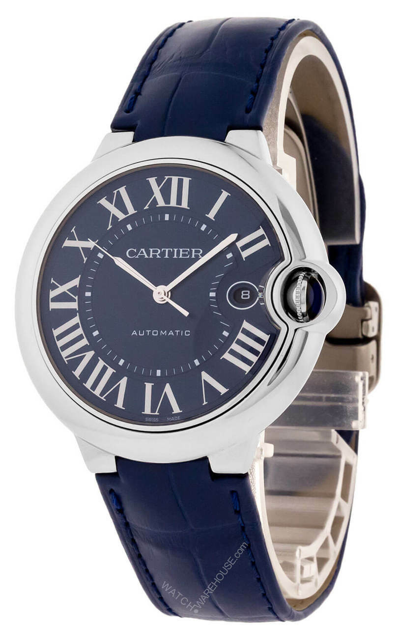 CARTIER Ballon Bleu 42MM AUTO Blue Dial Leather Men's Watch WSBB0025 ...