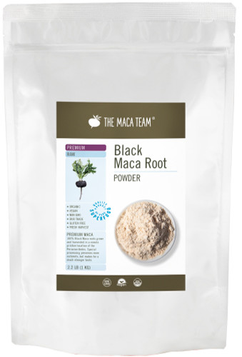 Organic Premium Raw Black Maca Powder Front of Package at themacateam.com