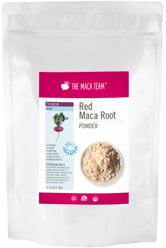 Organic Premium Raw Red Maca Powder - Product Packaging Front at themacateam.com