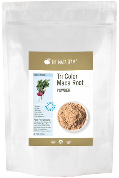 Organic Gelatinized Tri-Color Maca Powder - Product Packaging Front at themacateam.com