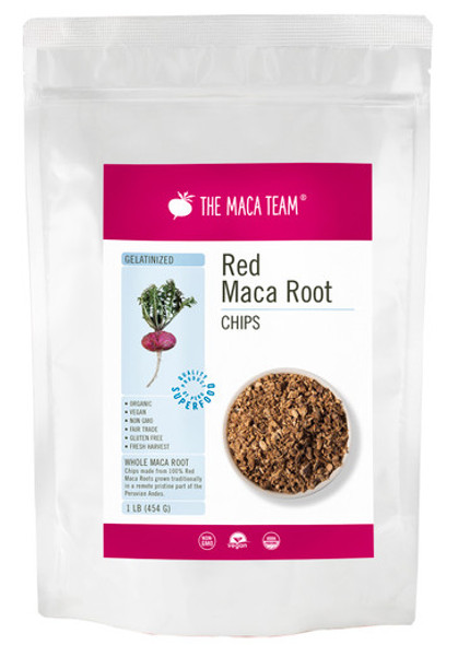 Organic Gelatinized Red Maca Chips - Product Packaging Front Organic Gelatinized Red Maca Chips - Product Packaging Front