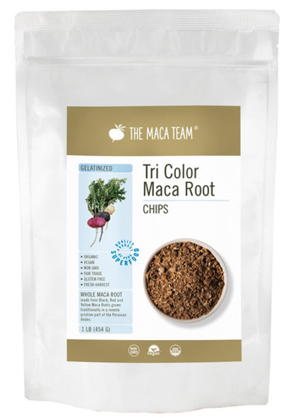 Organic Gelatinized Tri-Color Maca Chips - Product Packaging Front Organic Gelatinized Tri-Color Maca Chips - Product Packaging Front