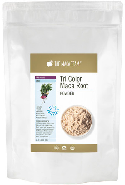 Organic Premium Raw Tri-Color Maca Powder - Product Packaging Front at themacateam.com Organic Premium Raw Tri-Color Maca Powder - Product Packaging Front at themacateam.com
