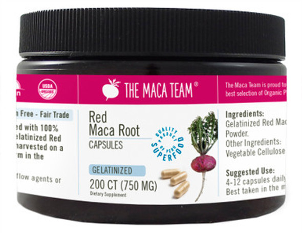 Organic Gelatinized Red Maca Capsules - Product Packaging at themacateam.com Organic Gelatinized Red Maca Capsules - Product Packaging at themacateam.com