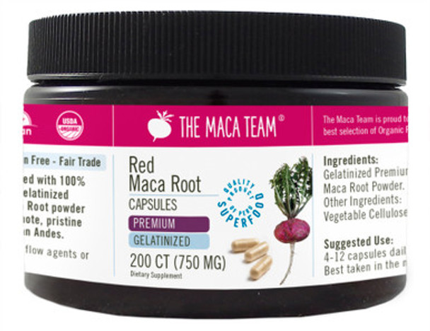 Organic Premium Gelatinized Red Maca Capsules - Product Packaging at themacateam.com