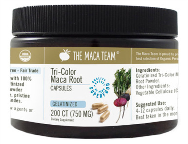 Organic Gelatinized Tri-Color Maca Capsules - Product Packaging Organic Gelatinized Tri-Color Maca Capsules - Product Packaging