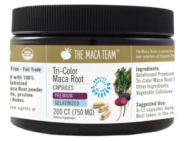 Organic Premium Gelatinized Tri-Color Maca Capsules - Product Packaging at themacateam.com