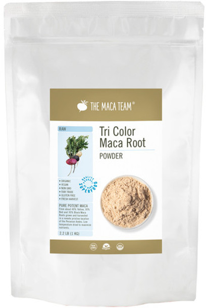 Organic Raw Tri-Color Maca Powder - Product Packaging Front at themacateam.com
