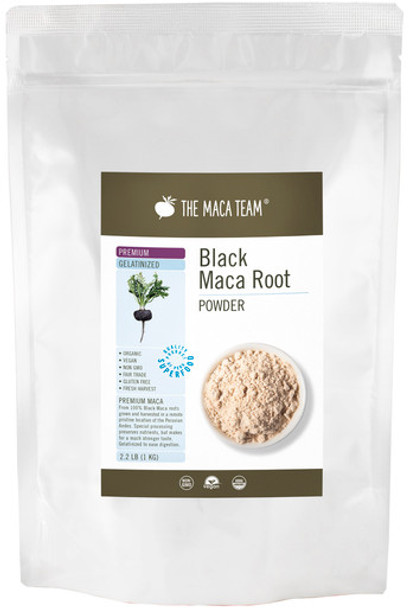 Organic Premium Gelatinized  Black Maca Powder - Product Packaging Front at themacateam.com Organic Premium Gelatinized  Black Maca Powder - Product Packaging Front at themacateam.com