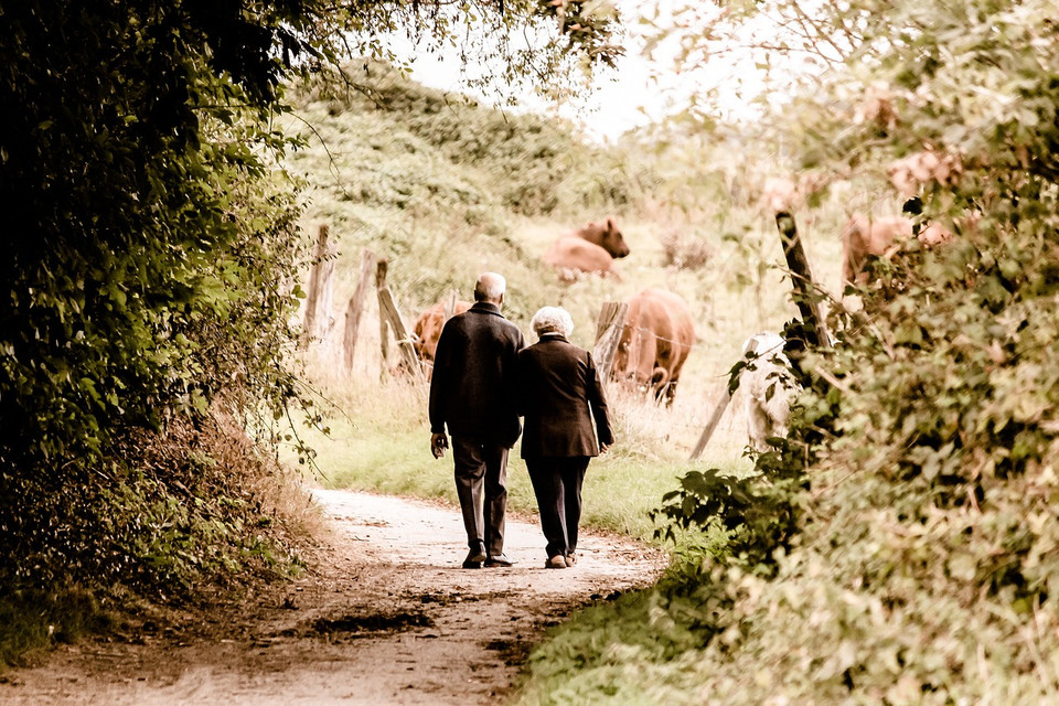 Older couple walking outdoors as part of a healthy aging lifestyle