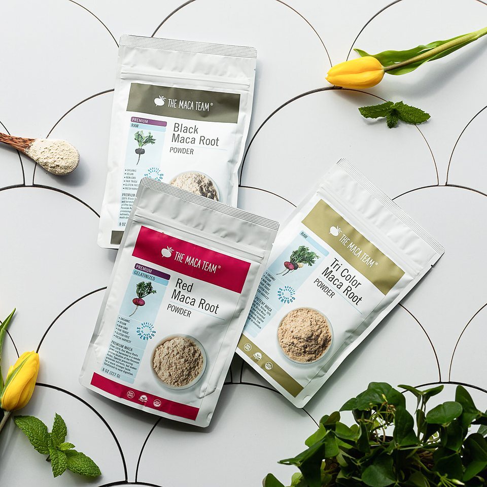 Black, red, and tri-color maca powders from The Maca Team