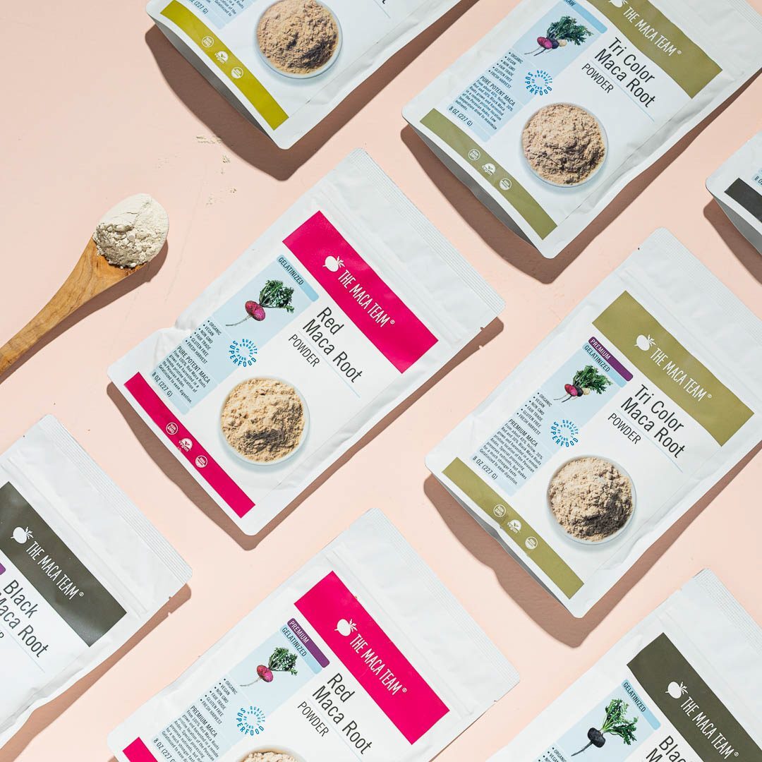 Gelatinized maca colors including red black yellow and tri-color maca powder bags