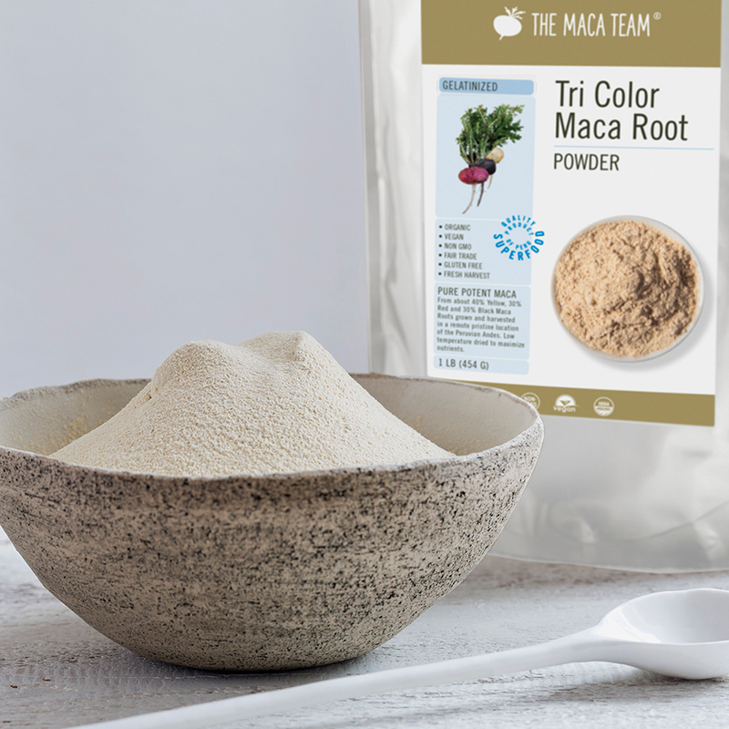 Gelatinized tri-color maca powder in a beginner friendly lifestyle setting