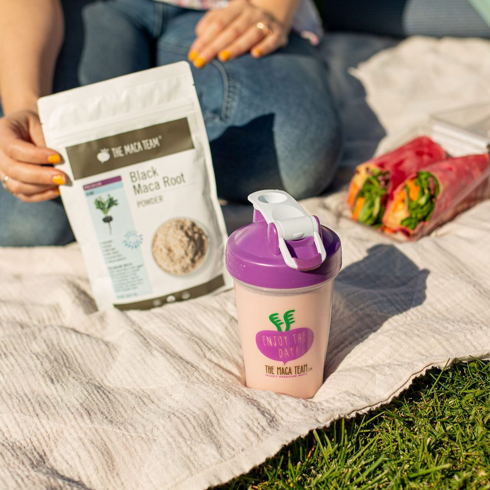 How to use maca in an active routine with shaker bottle and black maca powder
