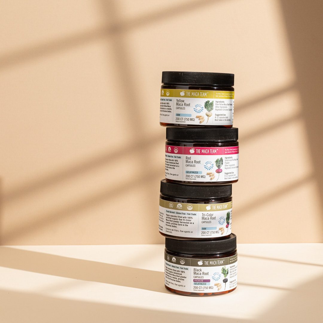 Red black yellow and tri-color maca capsule types compared
