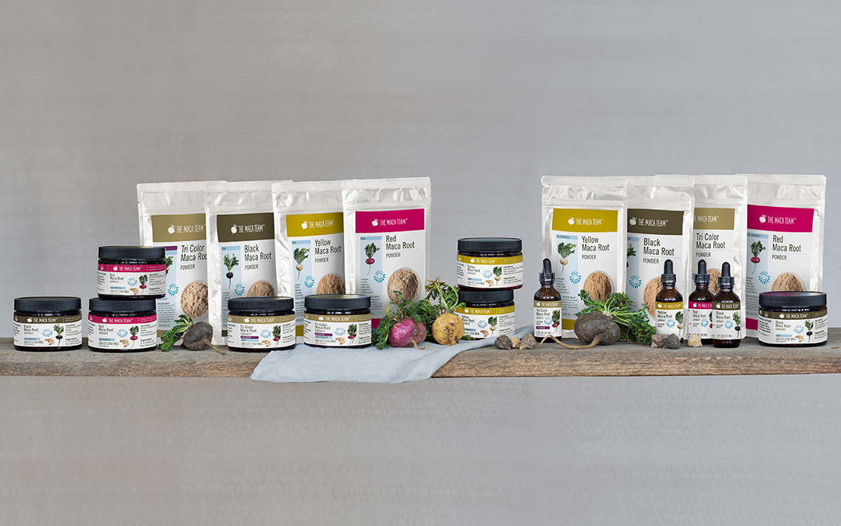 The Maca Team maca products showing different maca colors and formats