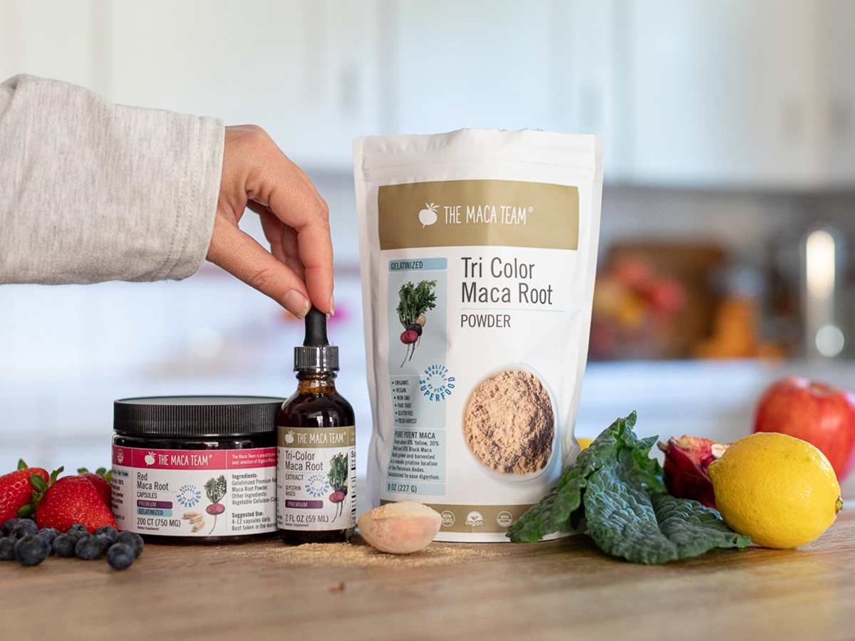Maca powder, capsules, and liquid extracts shown together for beginners